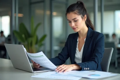Responsable RH femme analysant des feuilles de calcul de jours travaillés dans un bureau moderne