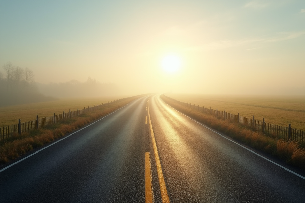 Route sinueuse vers l horizon brumeux au matin