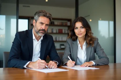 Employeur et apprentie signant ensemble un formulaire de rupture de contrat d'apprentissage dans un bureau professionnel