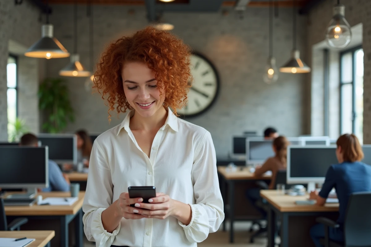 Jeune salariée enregistrant ses heures de travail sur smartphone dans un espace de coworking