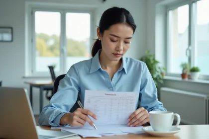 Salariée vérifiant ses heures de travail sur une feuille de pointage dans un bureau moderne