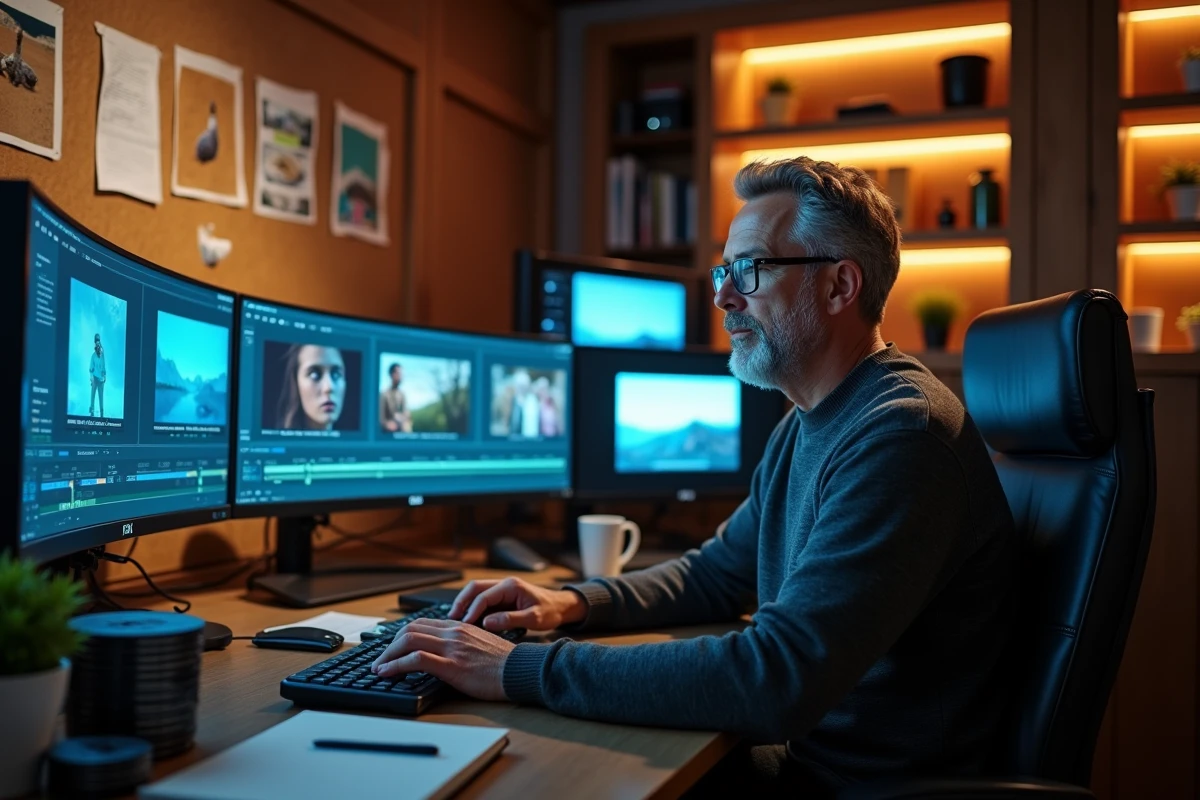 Monteur de film dans une salle de post-production, illustrant le processus de collaboration créative dans la filmographie de Bruno Pesery