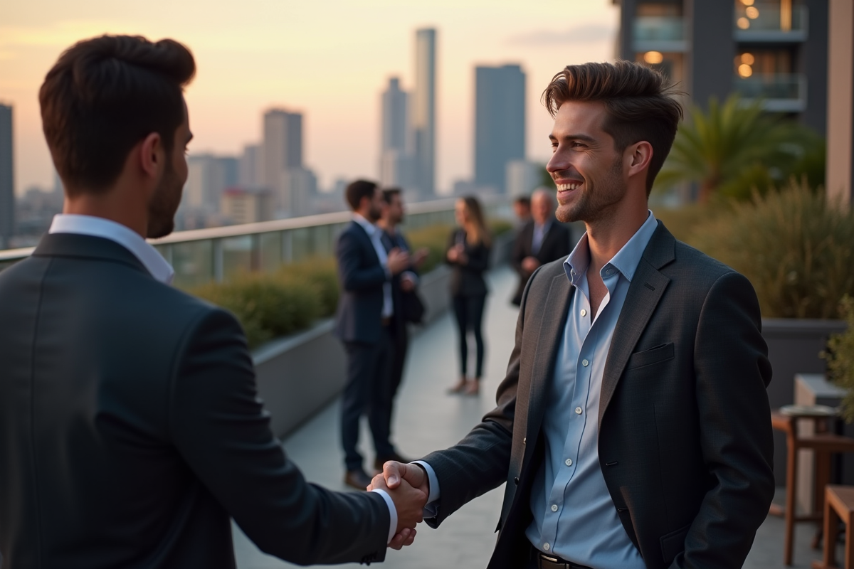 Jeune homme faisant une poignée de main en soirée rooftop