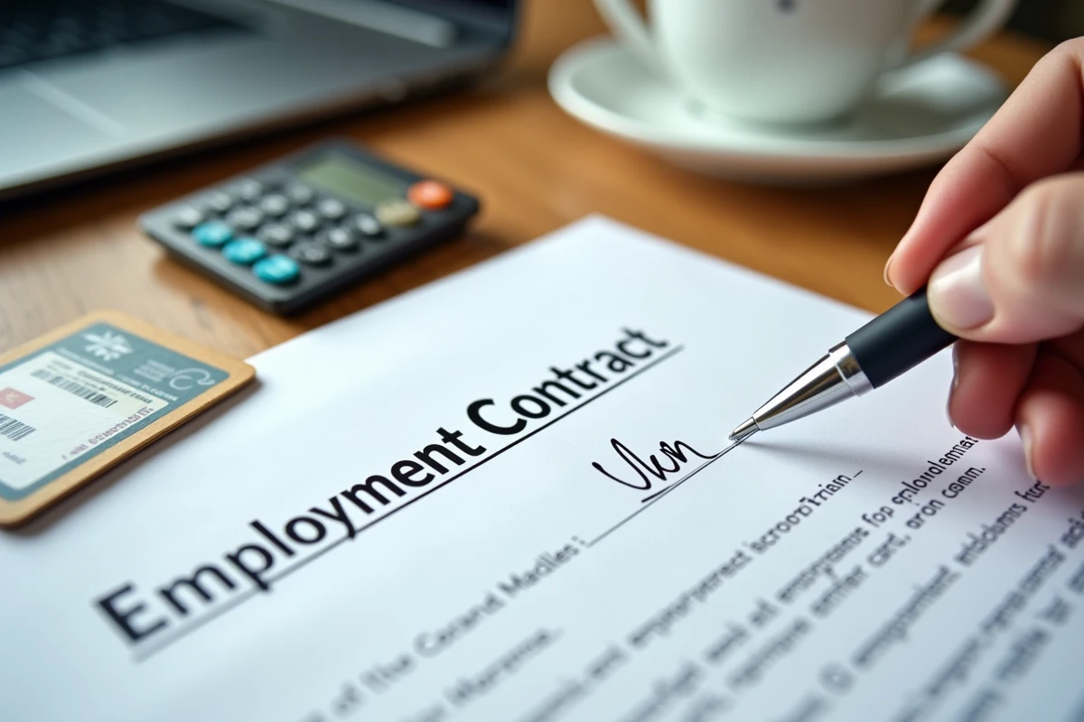 Signature d'un contrat étudiant CDD avec carte d'étudiant et calculatrice sur un bureau