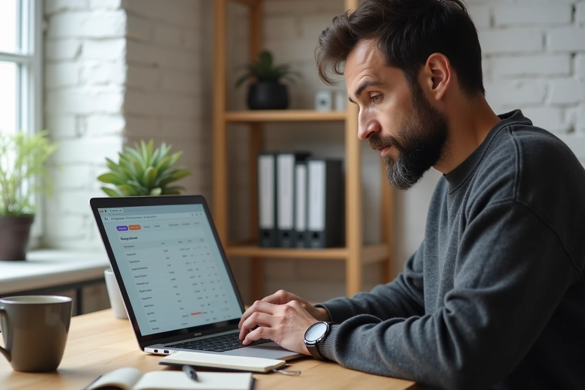 Homme travaillant à domicile sur la configuration d'un outil de suivi du temps de travail sur ordinateur portable