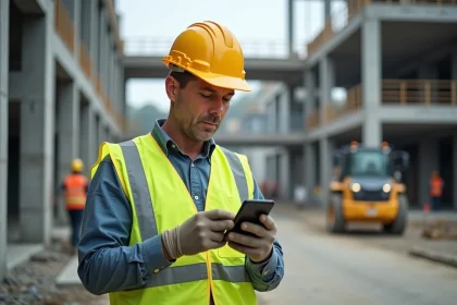 Superviseur de chantier en casque jaune et gilet r&eacute;fl&eacute;chissant sur site