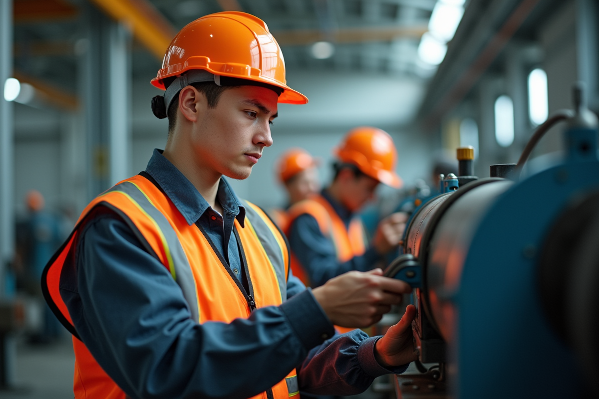 Jeune technicien en casque travaillant sur une machine industrielle