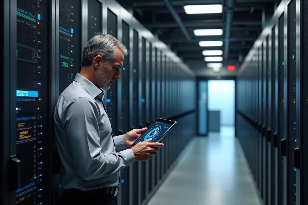 Technicien informatique municipal gérant la sécurité des données dans un centre de données parisien sécurisé
