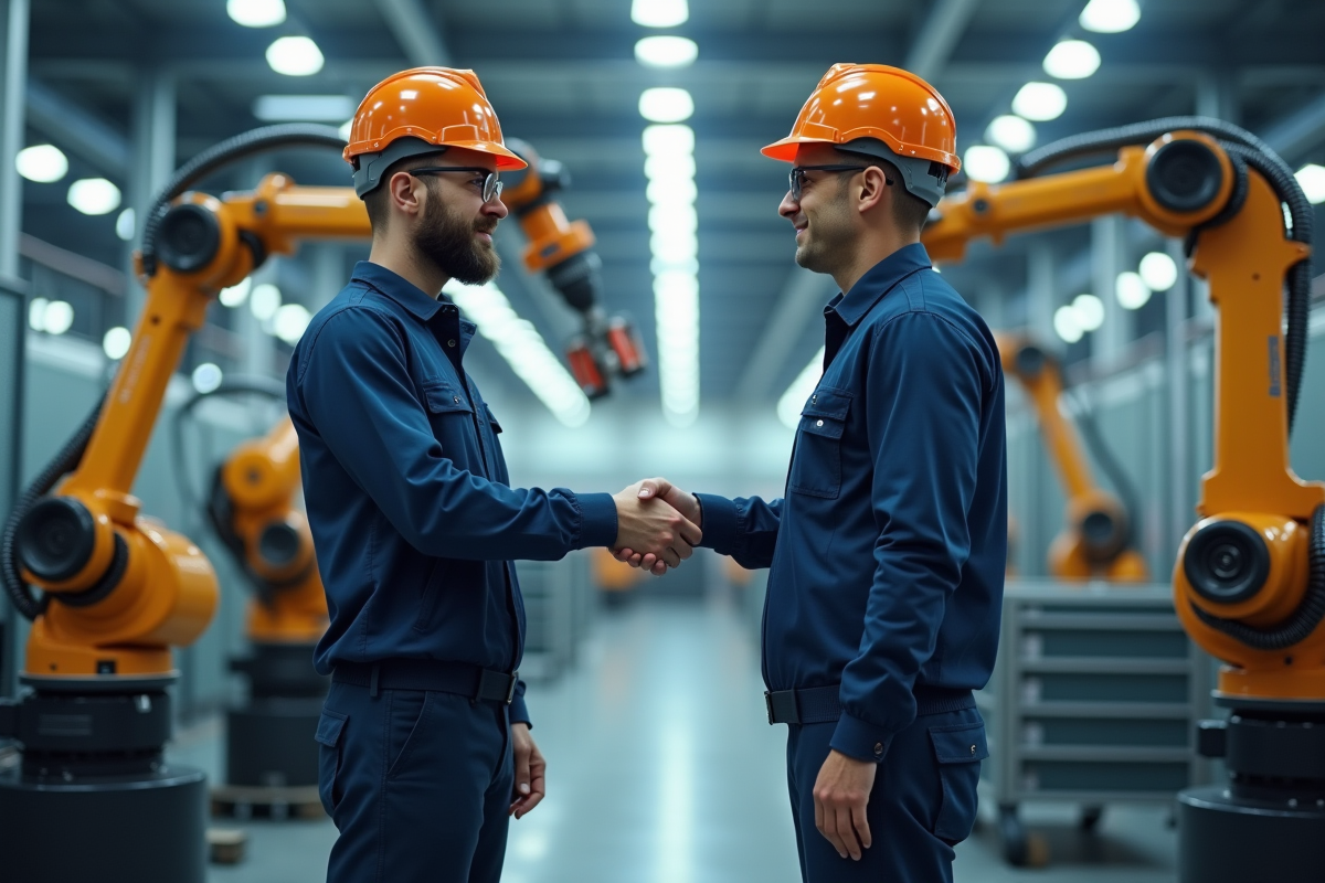 Ouvrier industriel serrant la main d un ingénieur dans une usine automatisée