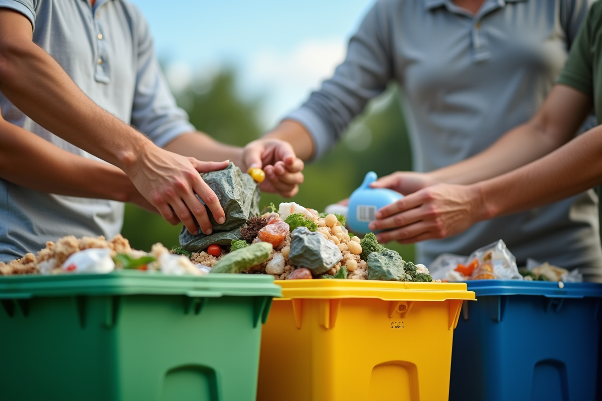 Groupe de personnes triant des déchets recyclables à l'extérieur