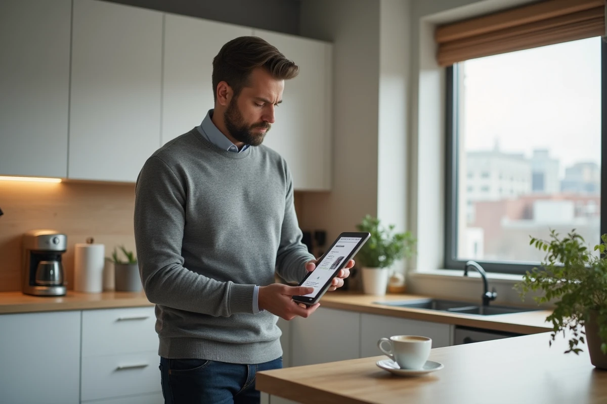 Homme vérifiant les informations légales d'une entreprise sur une tablette avant de signer un contrat