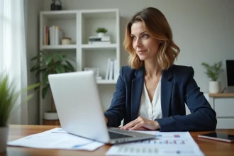 Femme consultant des informations sur une société en ligne depuis son bureau à domicile avant un achat important