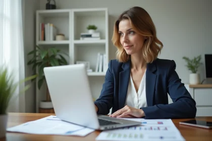 Femme consultant des informations sur une société en ligne depuis son bureau à domicile avant un achat important
