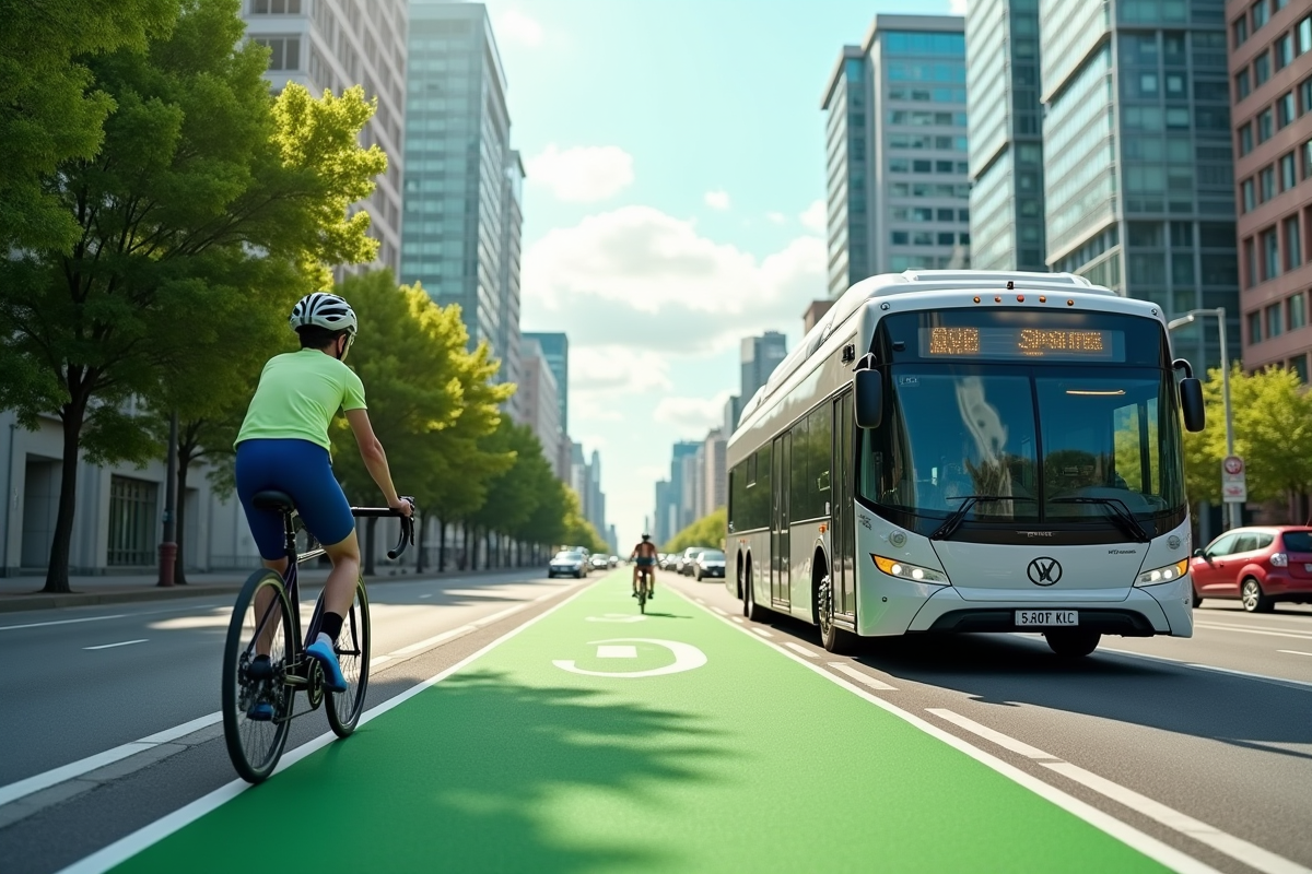 Cycliste sur une piste cyclable verte en ville avec bus électrique
