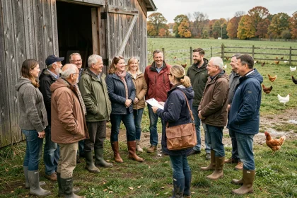 Groupe de visiteurs adultes accueillis par une guide devant la grange de la Ferme du Fays lors d'une visite organisée
