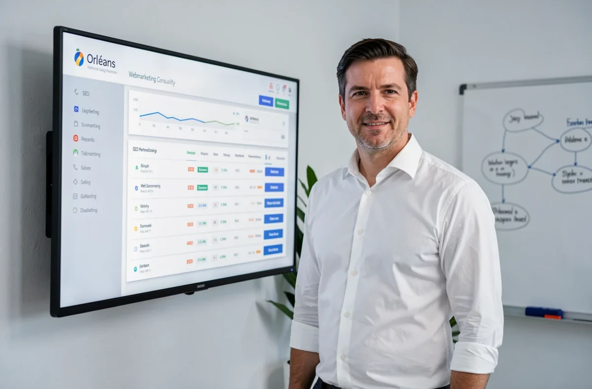 Consultant en webmarketing à Orléans présentant un tableau de bord SEO pour des clients locaux du Loiret
